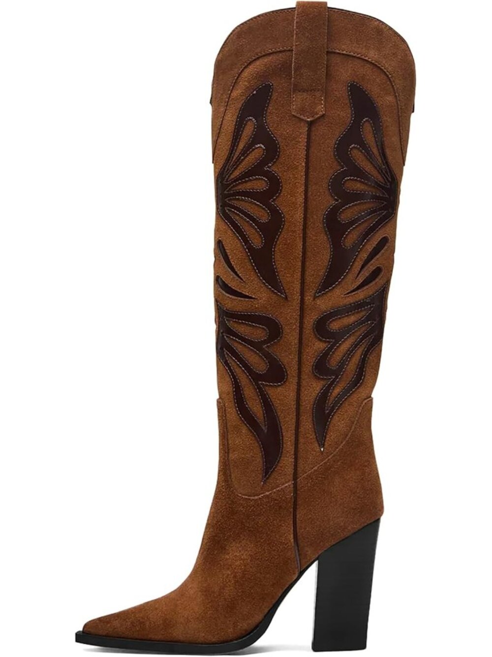 Women's Brown Cowgirl Boots Pointed Toe Chunky High Heels Wide Calf Knee High